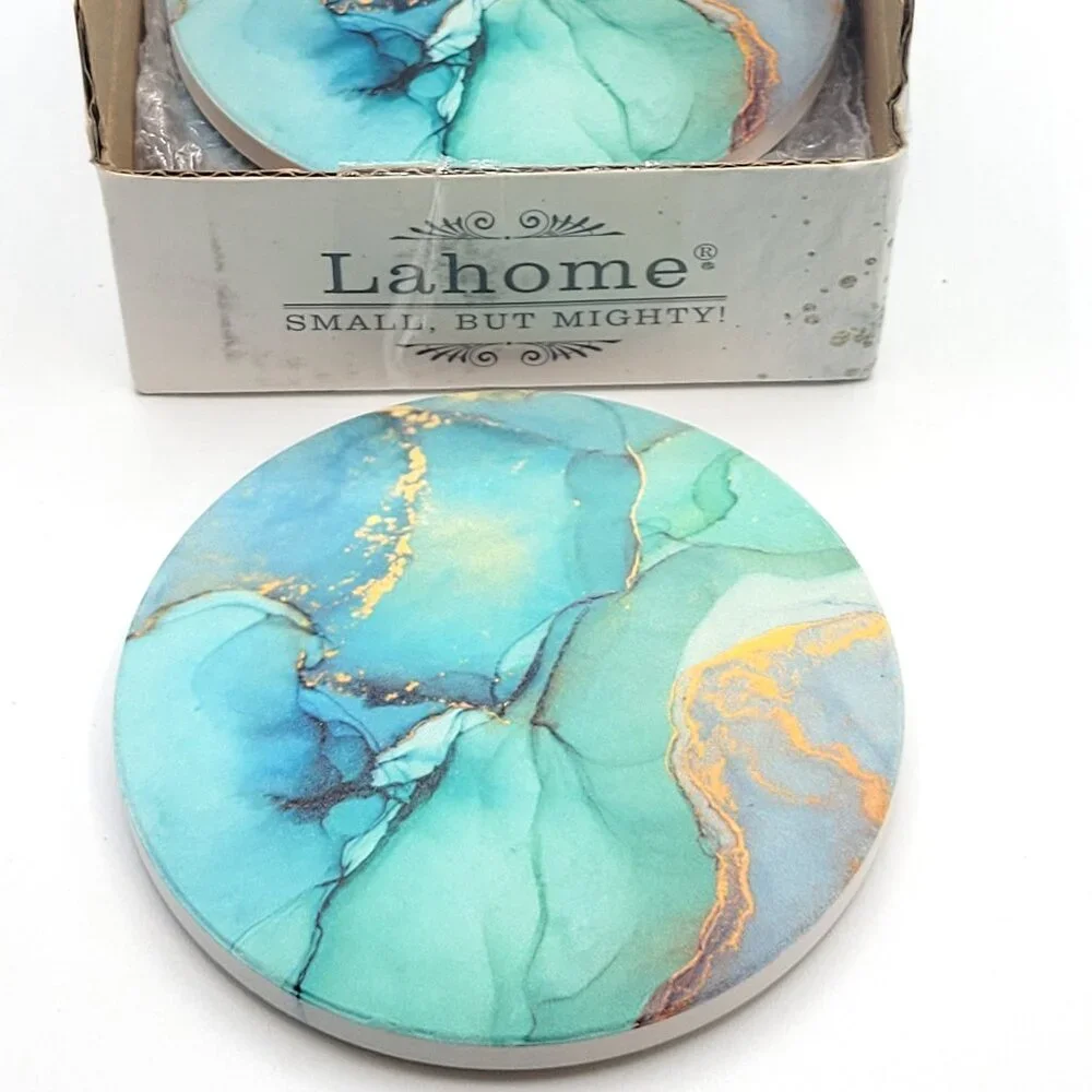 Lahome Small But Mighty Blue Gold Marble Effect Coasters with Cork Bottoms 4